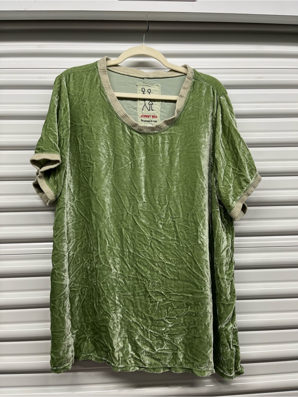 Johnny Was Sage Green Velvet Short Sleeve Tee with Cream Trim